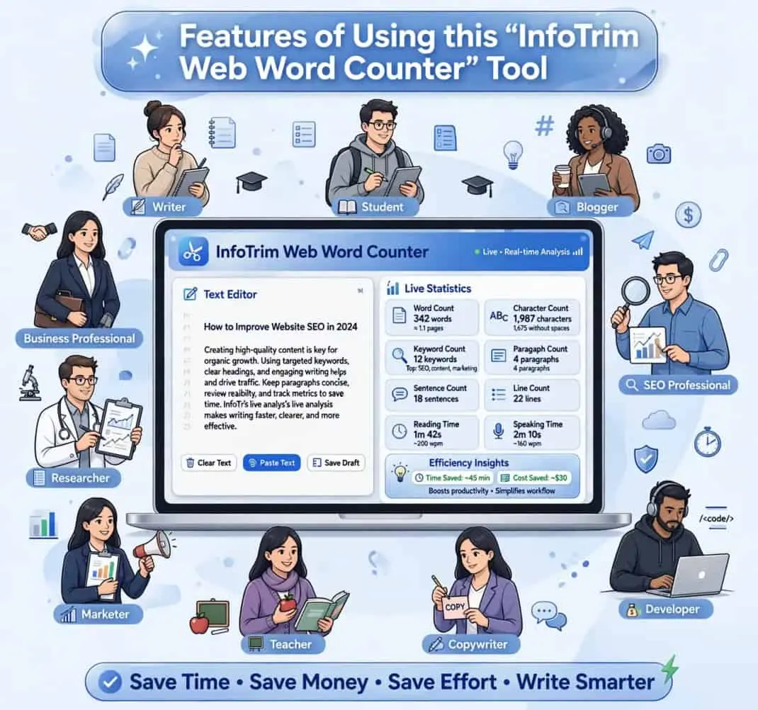 InfoTrim online text analyzer with word count, character count, and writing productivity tools